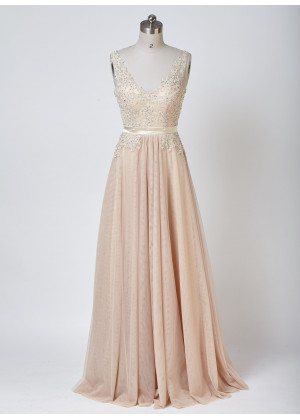 Deep V Neck Champagne Lace Tulle Beading Floor Length Prom Dress
